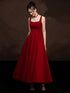 Wine Red Tea Length Sleeves Formal Dress, Wine Red Low Back Spandex Evening Dress